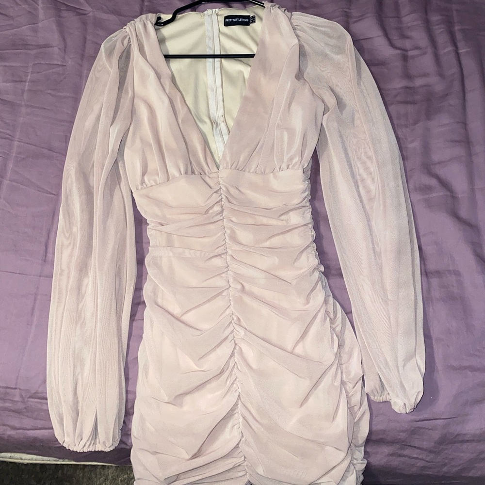 Pretty Little Thing Stone Mesh Ruched Balloon Sleeve Bodycon Dress